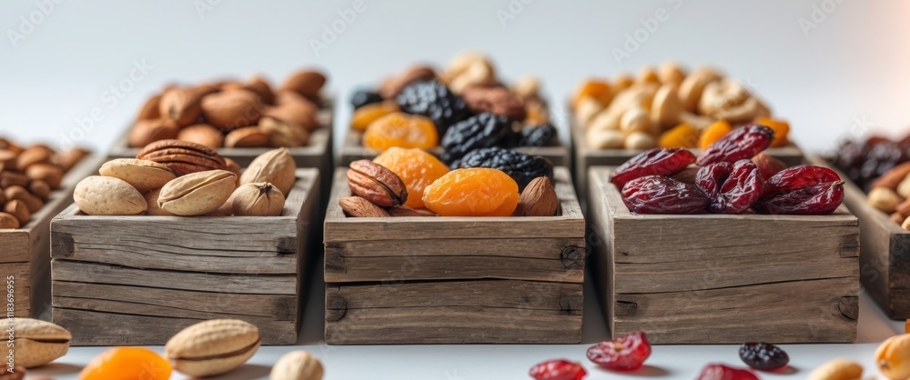 Assorted nuts and dried fruits display in rustic wooden boxes Assorted nuts and dried fruits display in rustic wooden boxes