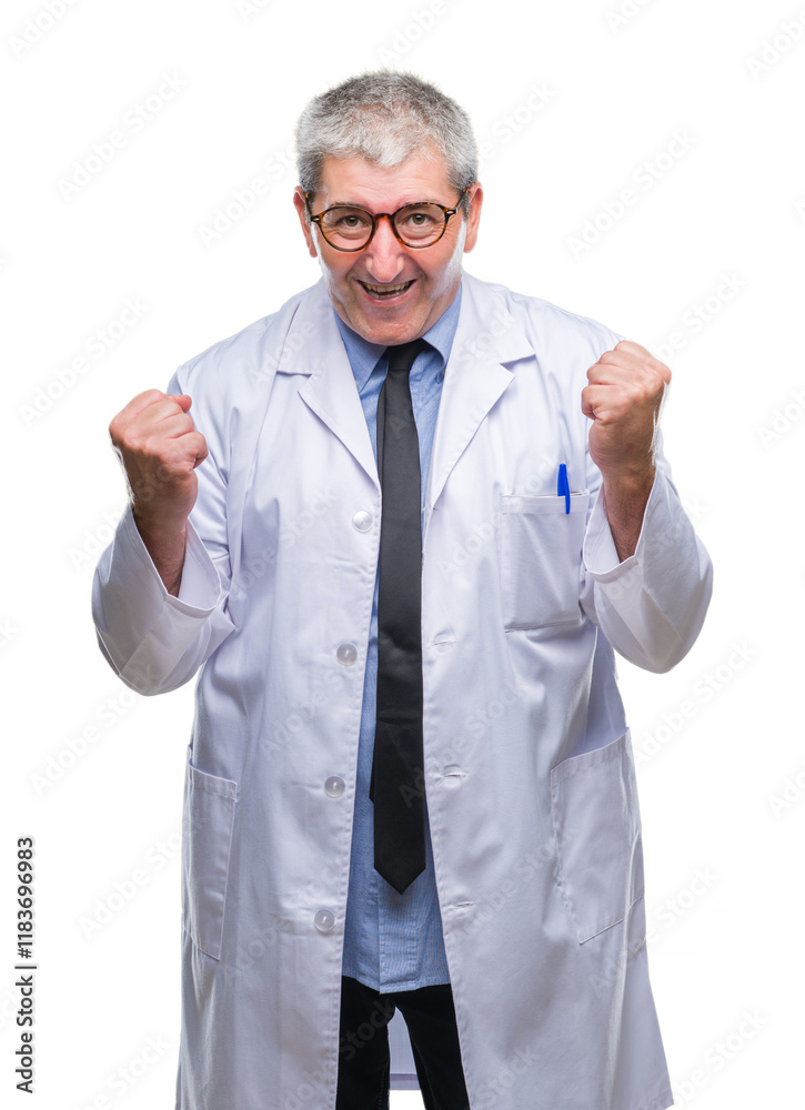 Φωτογραφία Handsome senior doctor, scientist professional man wearing white coat over isolated background very happy and excited doing winner gesture with arms raised, smiling and screaming for success