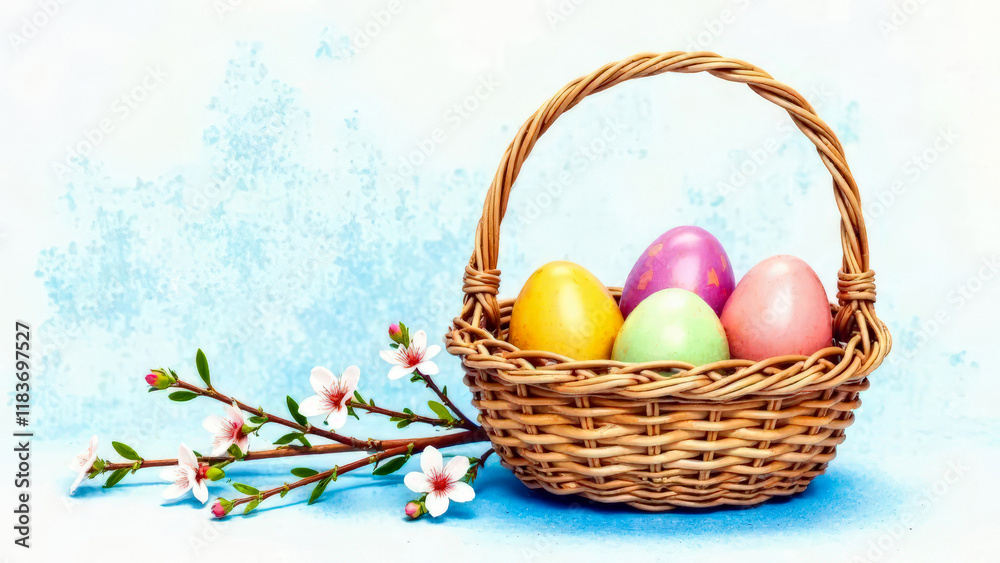Naklejka premium Colorful Easter eggs in wicker basket on light blue background. Next to the basket are three budding branches. Beautiful Easter still life. Copy space for text.