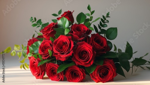 Bouquet of red roses arranged with lush green leaves