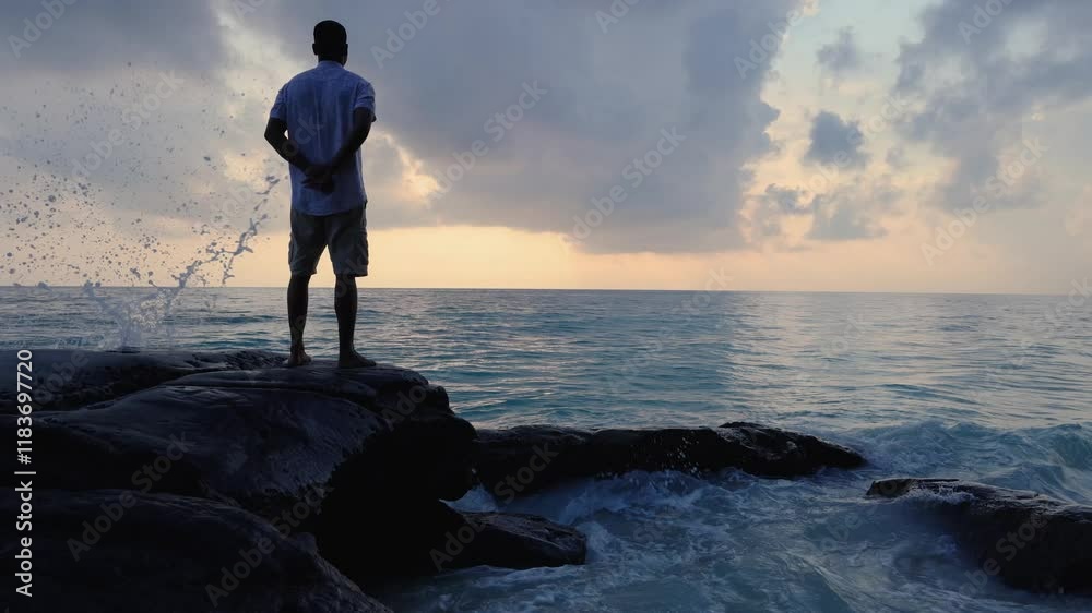isolated young man walking at shore and looking at sea horizon with dramatic sky at dawn video is taken at Kala Pathar Beach havelock Andaman and Nicobar Islands. isolated young man walking at shore and looking at sea horizon with dramatic sky at dawn video is taken at Kala Pathar Beach havelock Andaman and Nicobar Islands.