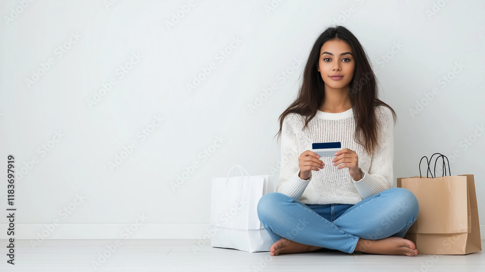 Female shopper resting cross-legged on hardwood floor, displaying credit card near scattered shopping bags after digital retail therapy Female shopper resting cross-legged on hardwood floor, displaying credit card near scattered shopping bags after digital retail therapy