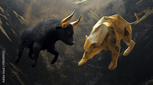 Black bull and golden bear in a dynamic confrontation on a textured dark background with gold accents. Financial market and stock exchange concept for design and advertising