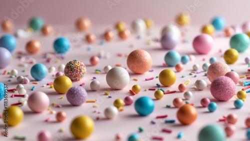 Colorful sprinkles and balls on a pastel background with copy space
