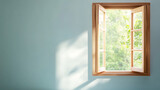 Soft sunlight filtering through rustic wooden window frame illuminating pale blue wall with verdant greenery outside, creating tranquil ambiance