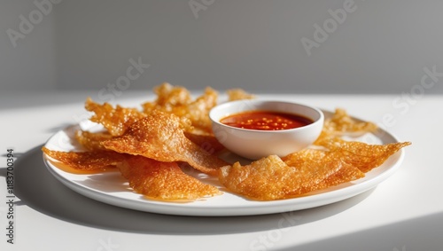 Crispy Golden Fish Skin Snacks with Spicy Dipping Sauce on a White Plate photo