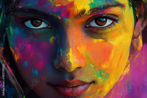 A beautiful young Indian woman with holi colors on her face.