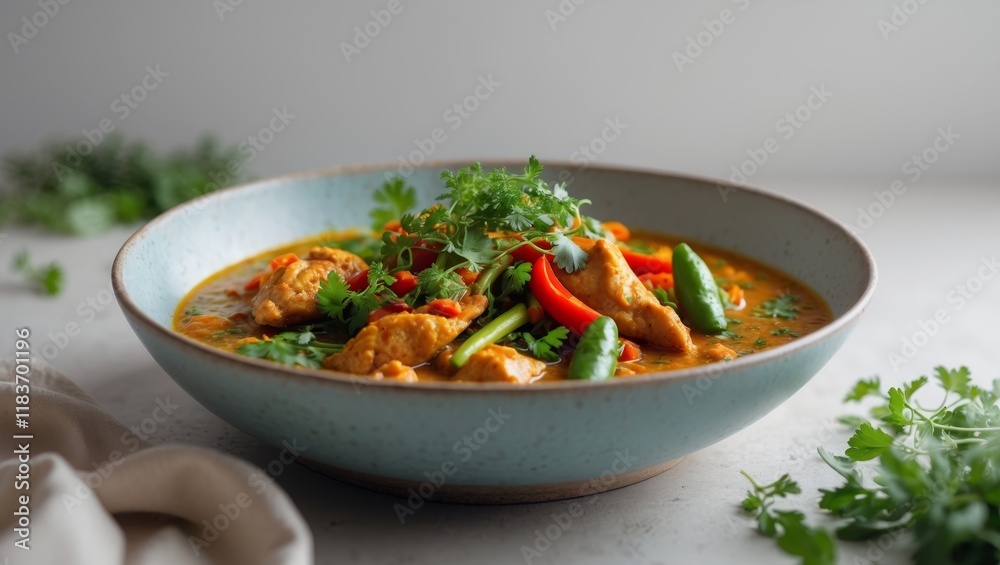 Delicious bowl of spicy chicken curry with vegetables and herbs Delicious bowl of spicy chicken curry with vegetables and herbs