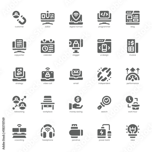 Digital Nomad Icon pack for your website, mobile, presentation, and logo design. Digital Nomad Icon glyph design. Vector graphics illustration and editable stroke.