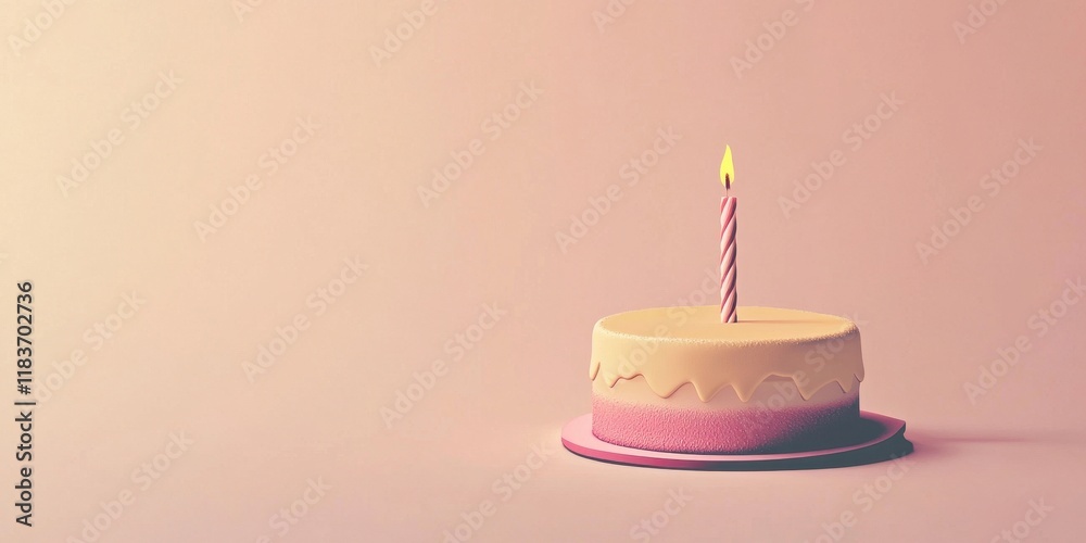 Single Candle Atop Pink Birthday Cake Single Candle Atop Pink Birthday Cake