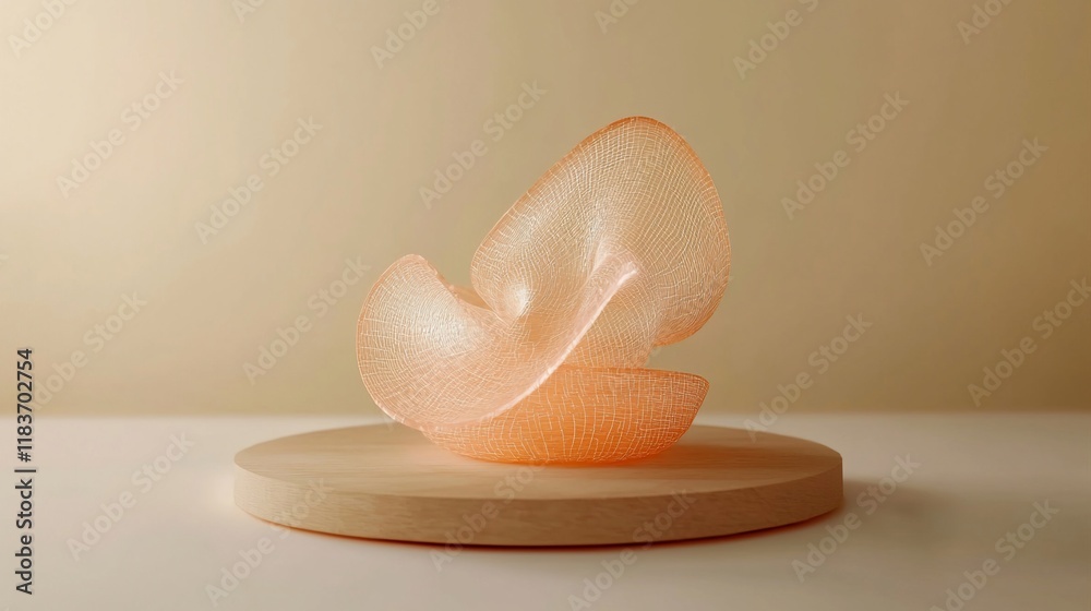 Abstract peach-colored glass sculpture on wooden base. Abstract peach-colored glass sculpture on wooden base.