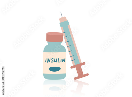 Concept of diabetes control, insulin injections. Insulin ampoule and special syringe for injection. Vector hand drawn clipart isolated on white.