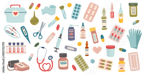 Set of medicine pills, supplies and tools isolated on white. Concept of medicine and healthcare. Vector flat cliparts.