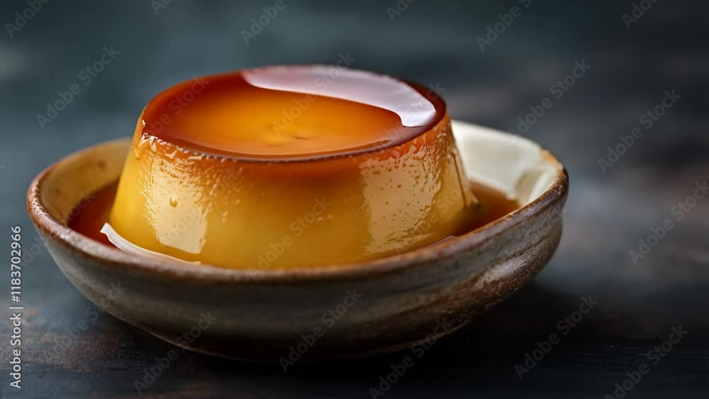 A rich caramel flan on a rustic plate, glistening under soft light with a smooth creamy texture
