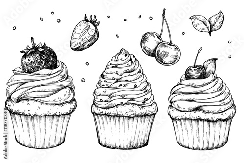 Cupcakes sketch ink graphic set illustration, draft silhouette drawing, black on white line art. Delicious vintage etching food design.