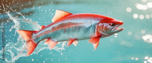 Dynamic salmon leaping in sparkling water with vibrant energy and motion photo