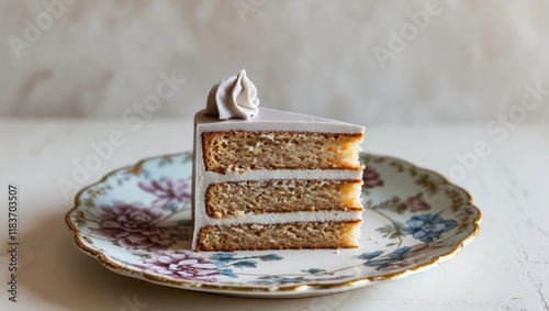 Elegant Earl Grey Cake Slice on Vintage Floral Plate