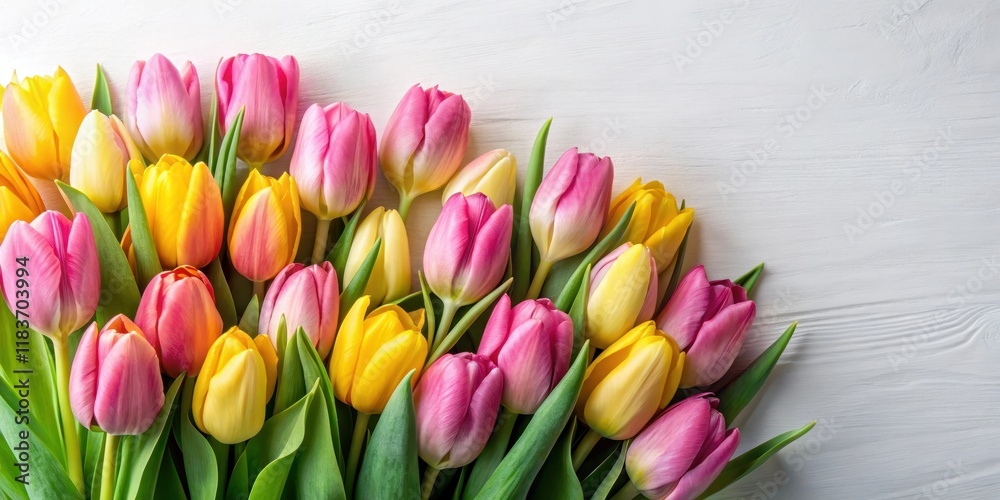 Tulips in pink and yellow hues against a soft white paper background Tulips in pink and yellow hues against a soft white paper background