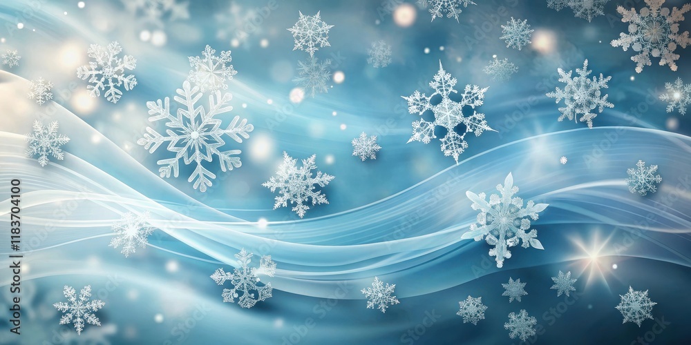 Snowflakes gently fall on a serene abstract winter background with swirling patterns of white and pale blue hues, evoking a sense of calmness and peacefulness, chilly, frozen Snowflakes gently fall on a serene abstract winter background with swirling patterns of white and pale blue hues, evoking a sense of calmness and peacefulness, chilly, frozen