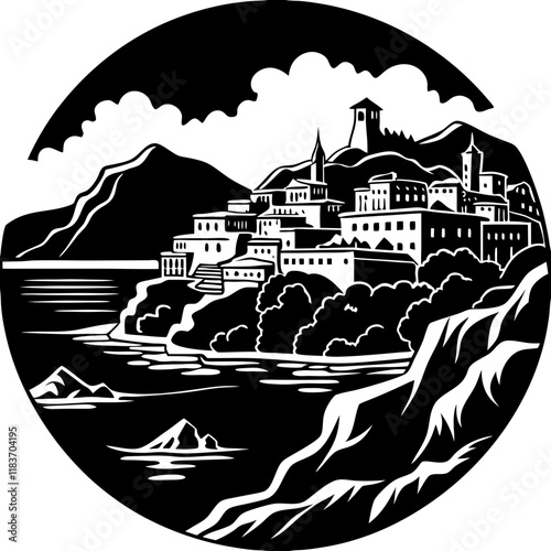 Scenic Lakeside Village Vector Illustration for Nature and Travel Designs