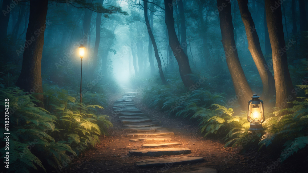 Fototapeta premium A moody, atmospheric image of a dimly lit forest path, with an old lantern illuminating the surrounding area