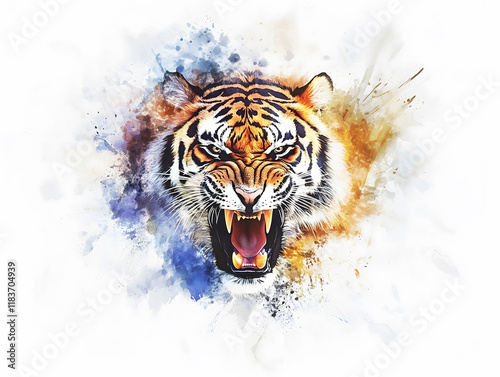 fierce tiger watercolor painting with vibrant splashes of color. photo