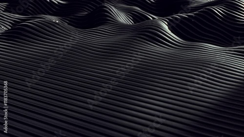 Black background with glossy parallel lines forming dynamic waves. Sleek 3D animation with high-contrast reflections and fluid movement. Perfect for tech products, audio visualizations, and premium