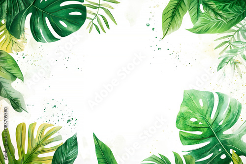 A frame of green and yellow tropical leaves on a light background.