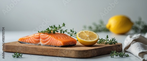 Fresh Salmon Fillet on Wooden Cutting Board with Lemon and Thyme Garnish photo