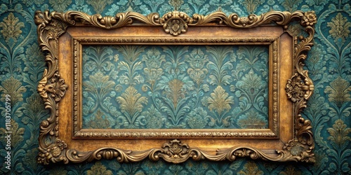 A distressed wooden frame sits atop a richly patterned damask background, with intricate gold filigree details visible in the frame's ornate molding , ornate moldings, vintage frames photo