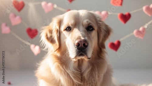 Golden Retriever with Heart Decorations for Valentine's Day