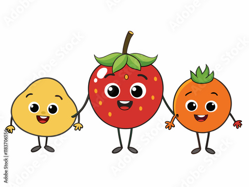 Cute Cartoon Fruits Holding Hands Strawberry, Mango, Kumquat