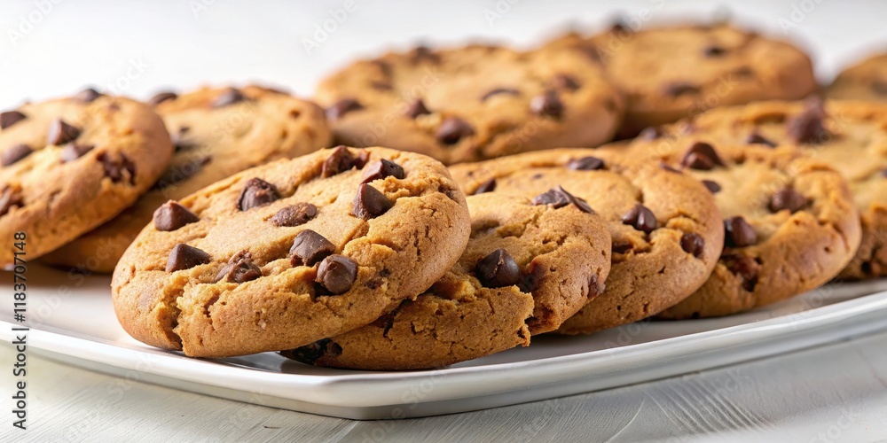 Close-up of multiple chocolate chip cookies arranged in a neat row on a white plate, with a few crumbs scattered around Close-up of multiple chocolate chip cookies arranged in a neat row on a white plate, with a few crumbs scattered around