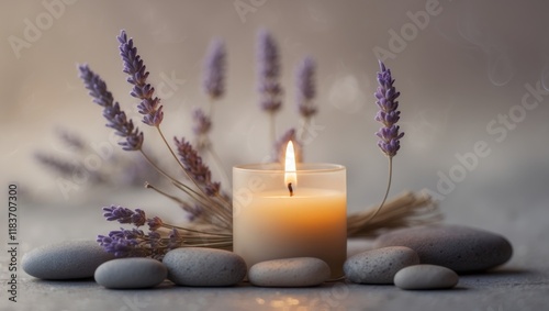 Lit candle surrounded by lavender and smooth stones creating a calming atmosphere