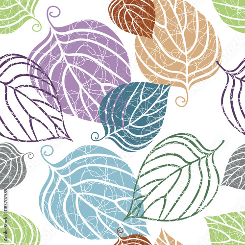 Vector illustration of grunge colorful leaves seamless pattern. Floral transparent organic background. For textiles, wallpaper and packaging.