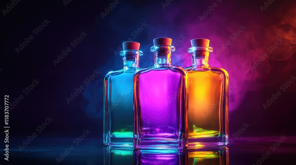 Trio of elegant glass bottles with glowing colored liquids, set on a reflective surface with a dark backdrop Trio of elegant glass bottles with glowing colored liquids, set on a reflective surface with a dark backdrop
