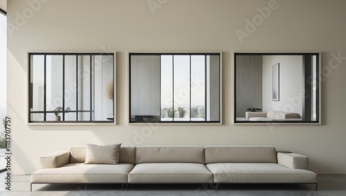 Modern Living Room Mockup with Triptych Frames photo