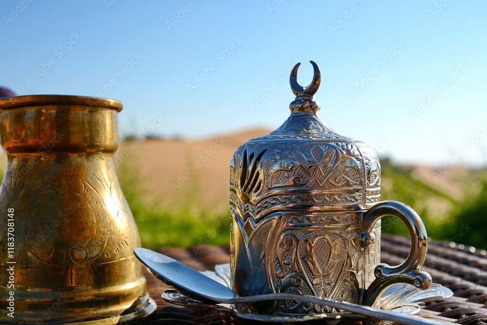 Turkish coffee, Arabic coffee in the silver mug, cup Turkish coffee, Arabic coffee in the silver mug, cup