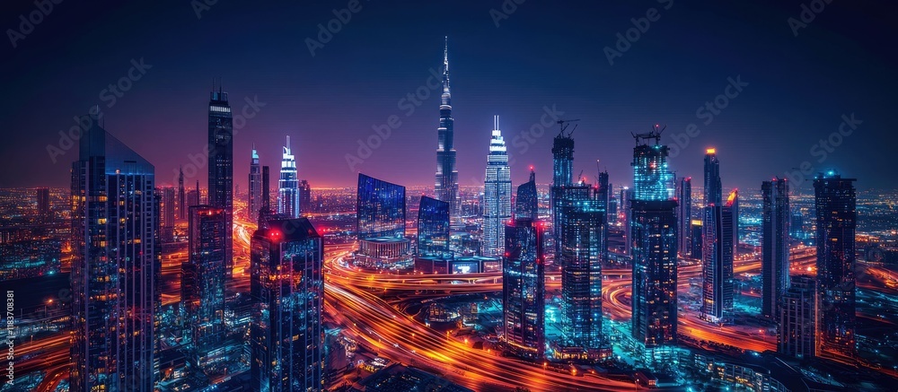 Fototapeta premium Dubai Skyline at Night: A Dazzling Metropolis