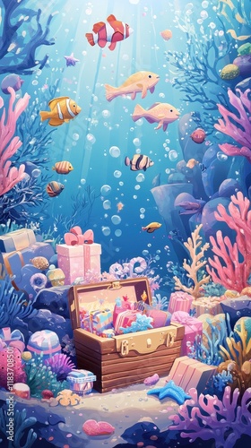 Underwater Treasure Chest with Colorful Fish and Gifts photo