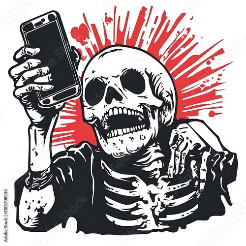 Skull holding phone, graphic design photo