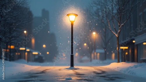 Radiant Streetlight in Snowy Urban Winter Setting photo