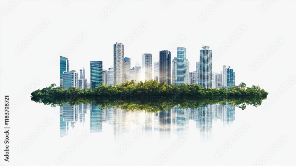 Obraz premium Modern city skyline on island with skyscrapers and greenery against clear sky, high-res urban development and nature harmony, building reflections on water, white background.