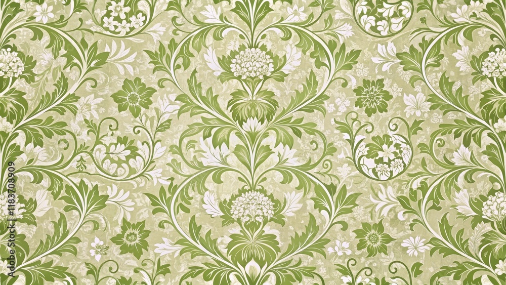Obraz premium Elegant floral damask fabric pattern with intricate vines and leaves in shades of green and cream, pattern, textile
