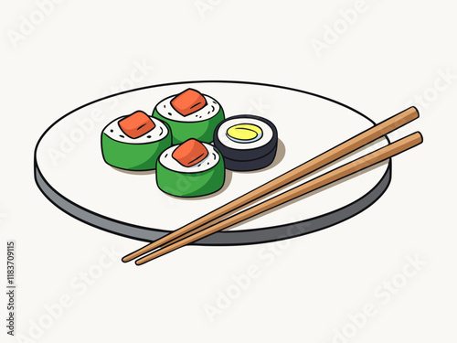 Delicious Sushi Plate Salmon Maki, Chopsticks, Japanese Cuisine