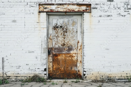  White brick wall with old rustic door in european city. Detailed photo textured background photo