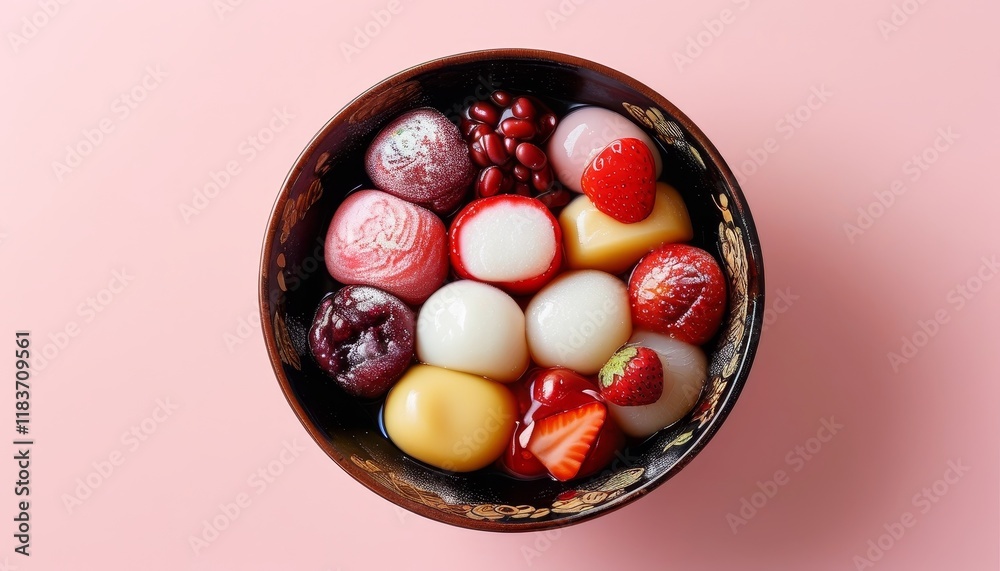 Colorful Japanese Daifuku Dessert Bowl with Fruits and Red Beans on Pink Background Colorful Japanese Daifuku Dessert Bowl with Fruits and Red Beans on Pink Background
