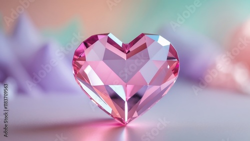 Shiny Pink Heart Shaped Crystal on Colorful Blurred Background photo