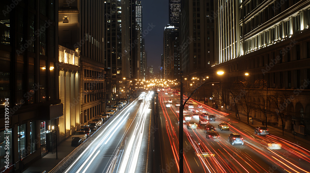 Light trails above buildings, traffic at night, city at night, traffic in the city Light trails above buildings, traffic at night, city at night, traffic in the city