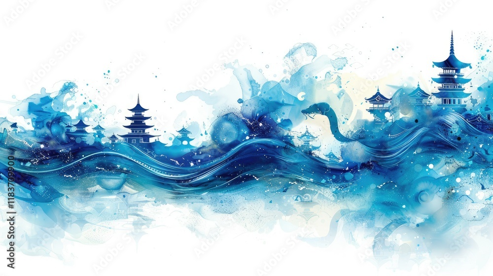 A serene watercolor landscape depicting traditional pagodas amidst flowing blue waves.